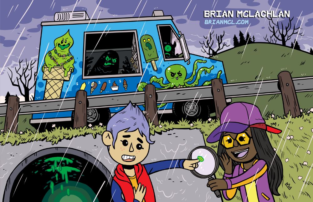 On a rainy day, two kids stand by a sewer drain pipe in a hill, examining the green goo dripping from the pipe. Up the hill is a blue ice cream truck with green ice cream ghost designs and two dark monstrous figures with green glowing eyes looking down at the two investigators. Beyond the guard rail and truck are grassy hills and barren trees.