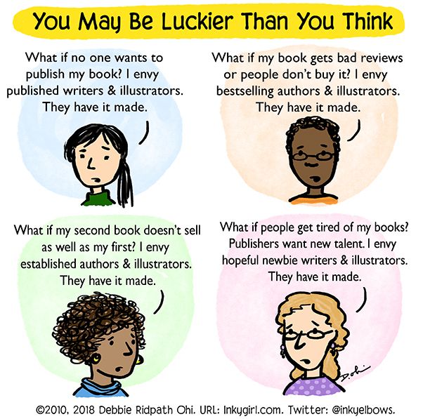 Cartoon titled "You May Be Luckier Than You Think" by Debbie Ridpath Ohi. It shows four people expressing different insecurities about writing and publishing. Each one envies a different group—published writers, bestselling authors, established authors, and newcomers—believing others “have it made.”