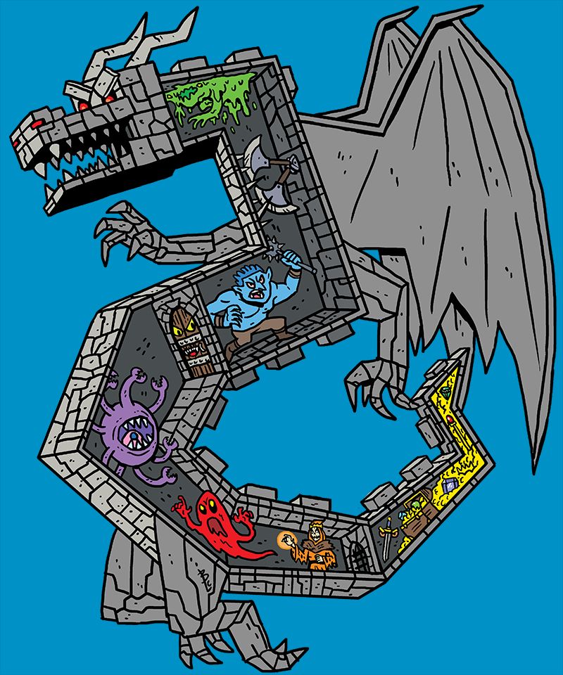 A dragon made out of stone, so that the dragon is a dungeon (which we see inside in cross section). Past his mouth is a green slime, swinging axes, a blue troll, a mean door, a purple floating claw monster, a red ghost, an orange skeleton wizard and then a yellow gold treasure horde in the end of the tail.