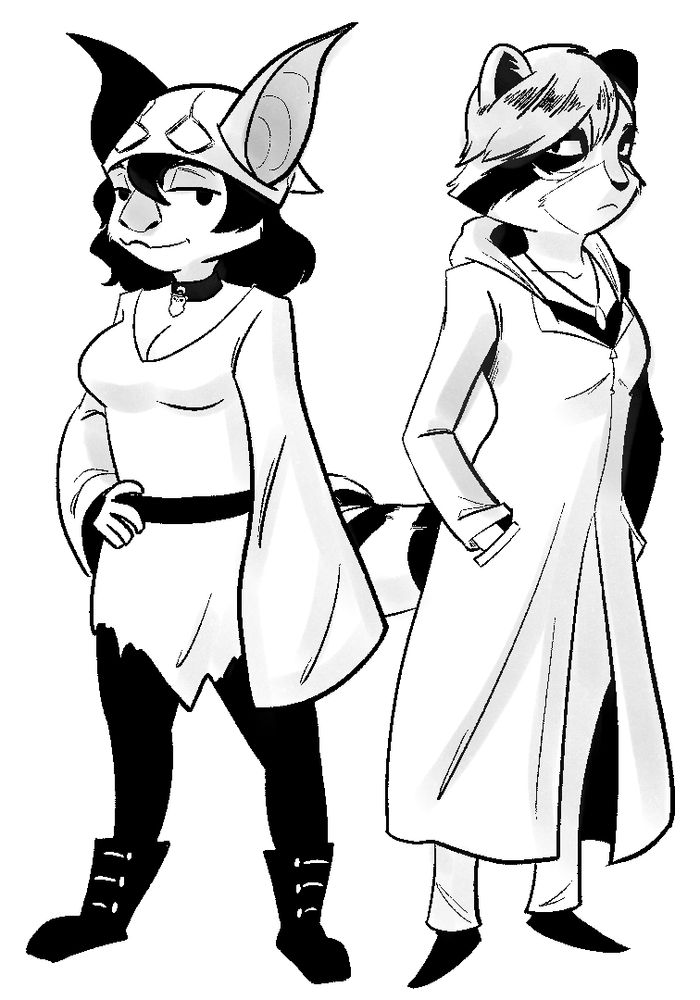 Two anthropomorphic characters. One is inspired by a Honduran white bat, the other a raccoon.