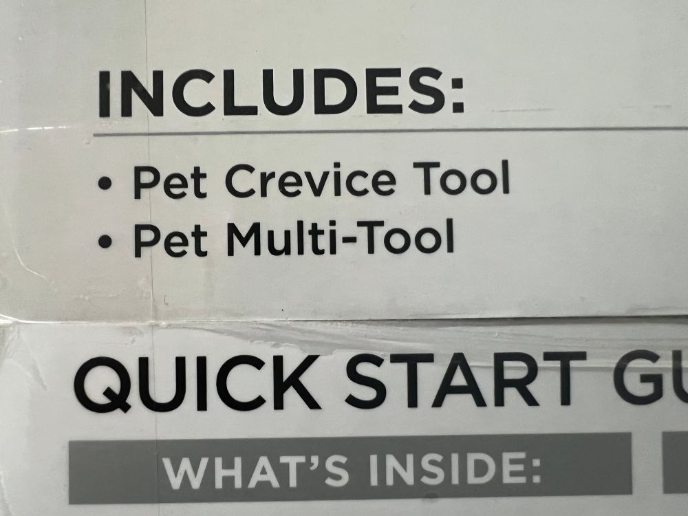 Product description for a vacuum that includes “Pet Crevice Tool.”