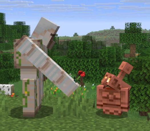 A Minecraft iron golem stands with its arm raised, offering a copper golem a poppy flower. They stand in a grassy forest area. Colorful flowers and green trees surround them under a blue sky with scattered clouds.