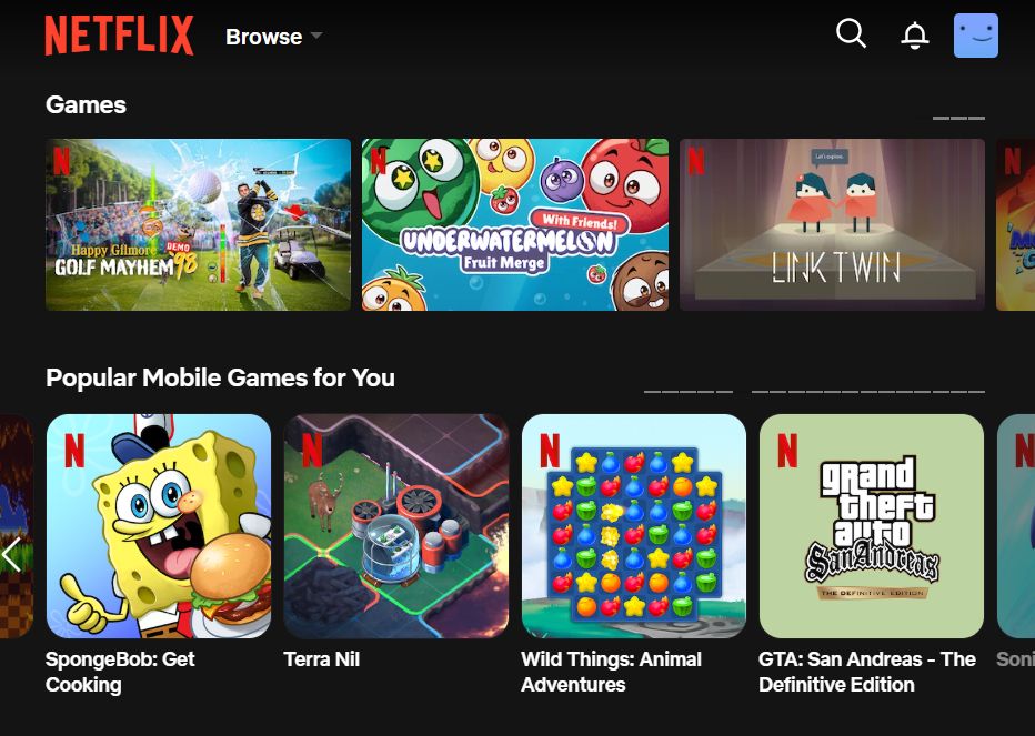 Screenshot of the Netflix Games interface showing two sections: "Games" and "Popular Mobile Games for You." The "Games" section features three titles: Happy Gilmore: Golf Mayhem 98, Underwatermelon: Fruit Merge, and Link Twin. The "Popular Mobile Games for You" section displays five games: SpongeBob: Get Cooking, Terra Nil, Wild Things: Animal Adventures, GTA: San Andreas – The Definitive Edition, and Sonic Prime Dash. Each game is represented by a colorful thumbnail and the Netflix logo in the top-left corner. The interface is dark-themed.