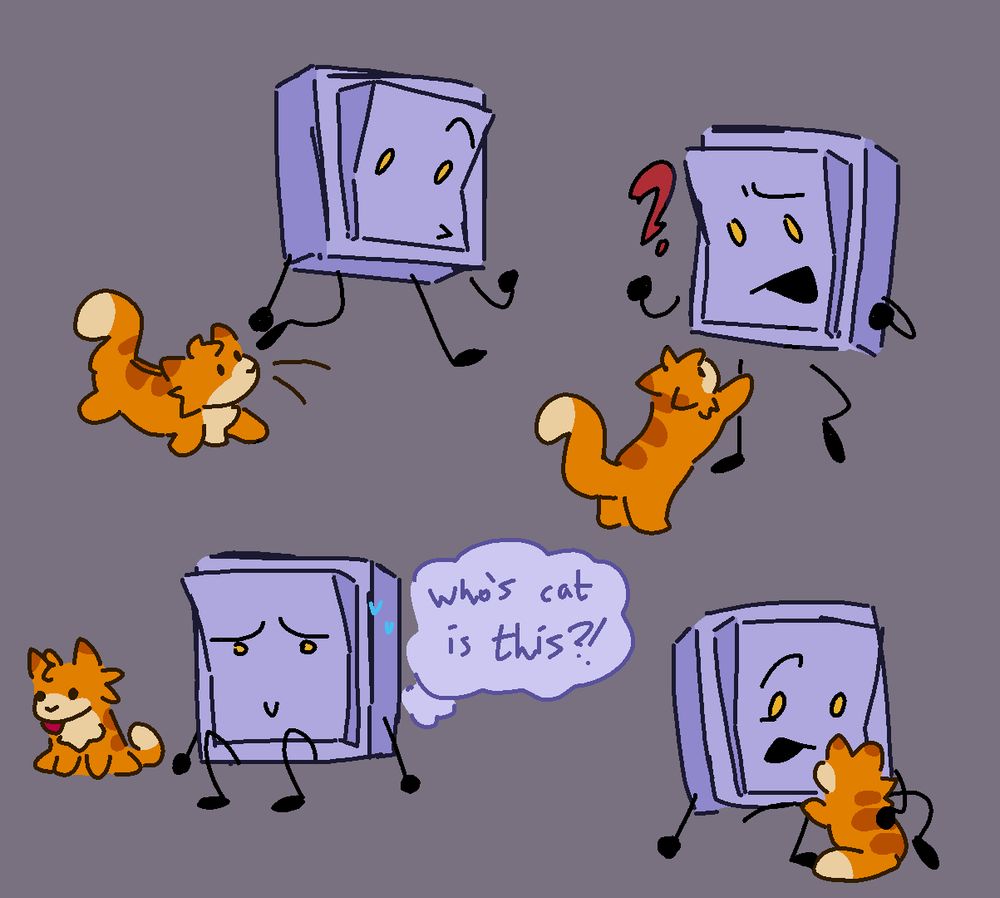 Various doodles of Liy with a ginger cat that is not hers; she's fine