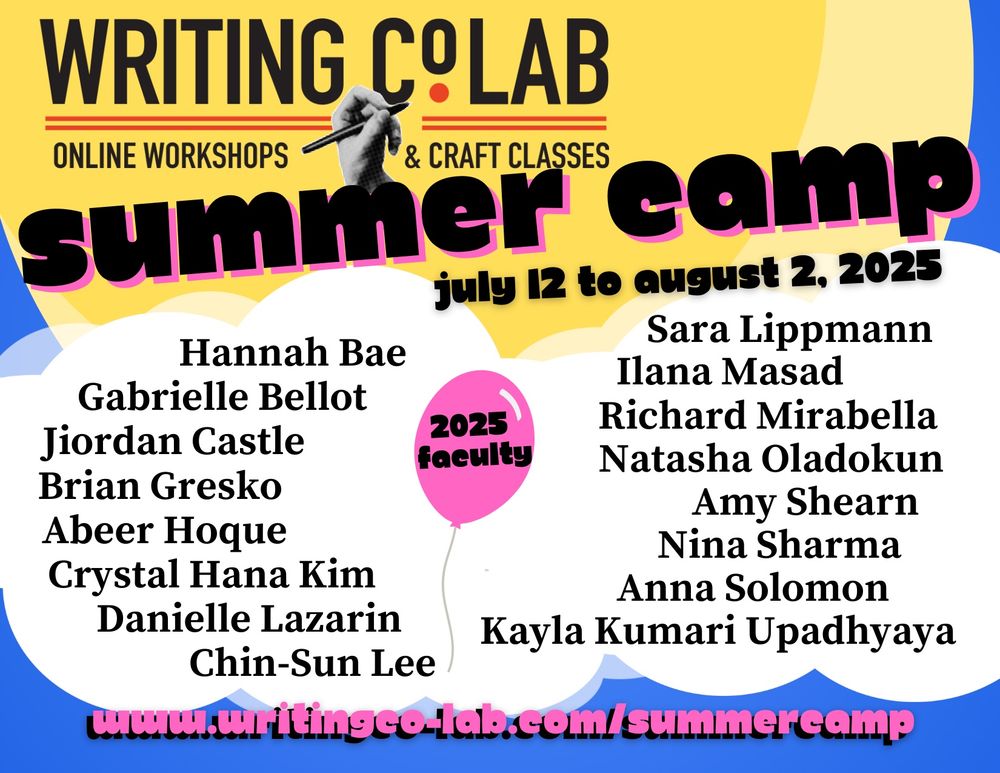 Graphic announcing Writing Co-Lab Summer Camp, from July 12 to August 2, 2025