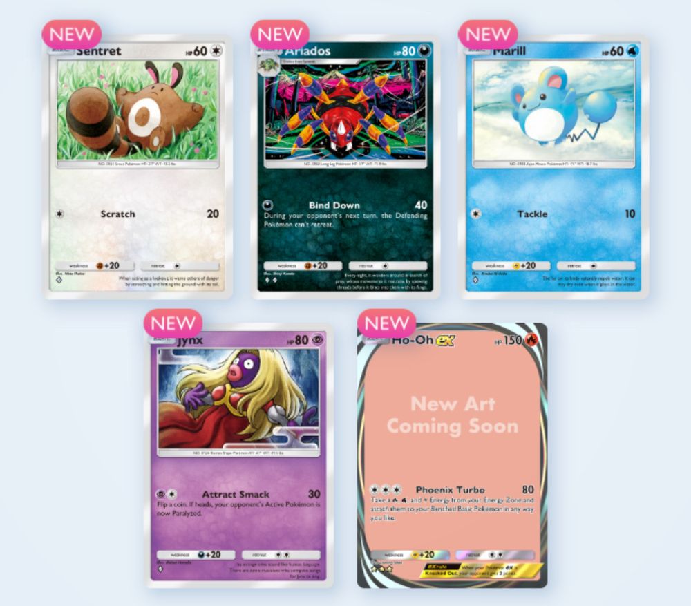 a five pull of sentret, ariados, marill, jynx, and ho-oh