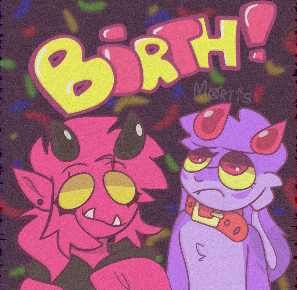 Drawing of Goatcatto's sona and oc, above them the word "BIRTH!" 