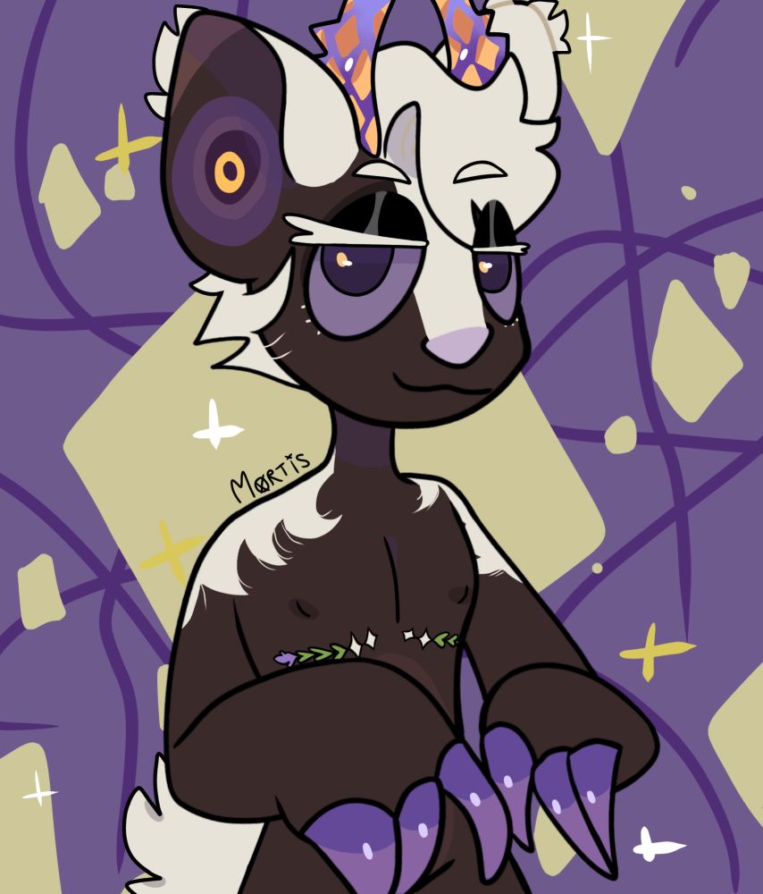 Brown furry deer with additional white fur standing with a smug and relaxed expression 