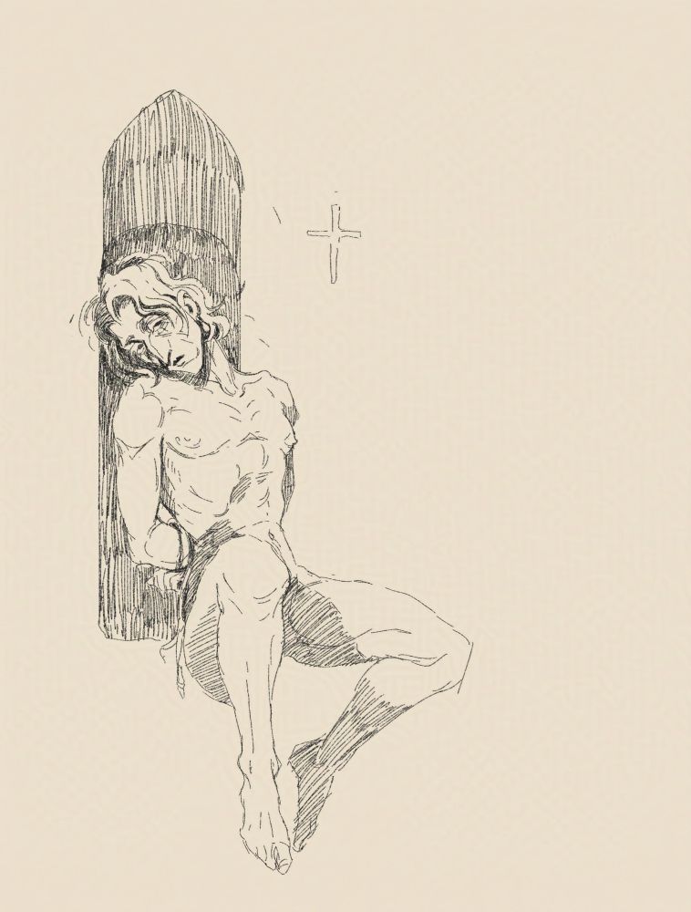 a line sketch of a nude androgynous figure resembling a martyred saint. he's sitting with his arms behind his back and head tilted to one side, alnost touching one shoulder. his nose is long and hooked, his eyes big, with long bottom eyelashes and his hair is chin lenght and wavy. his top lip is dark and behind him there is a shape of a gothic window and a crucifix. 