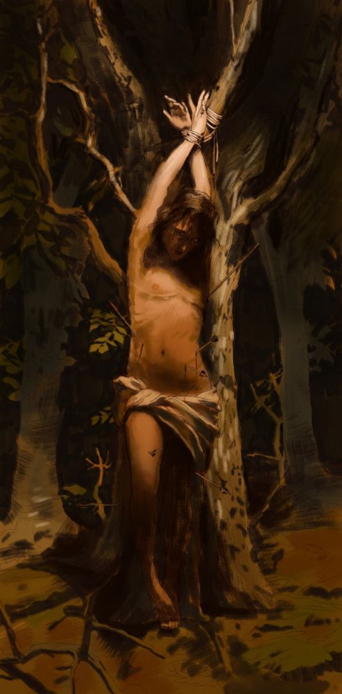 an unfinished painting of a dim warmly lit scene in a forest. There is a young feminine man with arms stretched above his head against a birch tree with his hands tied to a branch. He has brown wavy hair, pale skin, top surgery scars and a white cloth around his hips. the lighting is in a carravagio style and the piece is not rendered much yet. 