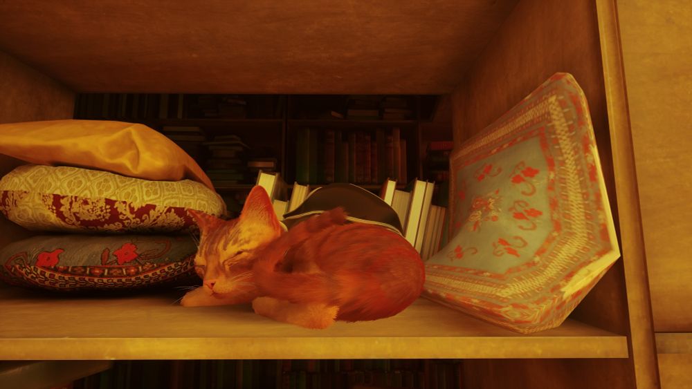 A close of image from Stray of an orange kitty curled up on a shelf napping. 