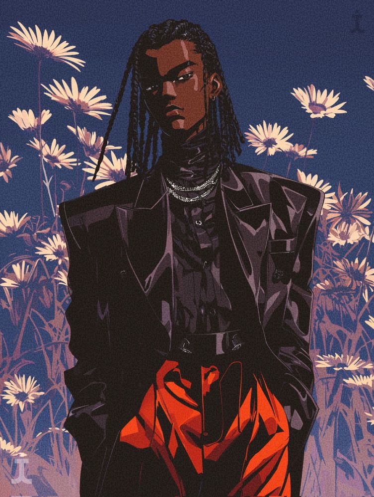 Digital illustration (via Midjourney) of a stylish Black man embodying the aesthetics of dandyism, standing confidently among tall white daisies under a twilight sky. He wears a sharply tailored black jacket with exaggerated shoulders, layered silver necklaces, and bold red trousers that contrast dramatically with the floral background. The image merges fashion-forward elegance with a poetic, almost cinematic mood, blending nature and high fashion in a visually arresting Afrofuturist style.