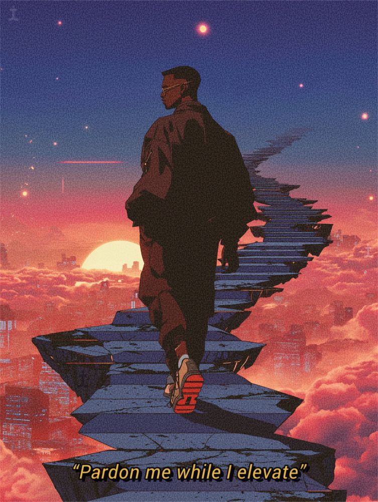 Digital illustration (via Midjourney) of a Black man walking upward on a crumbling stone pathway suspended above a sunset-lit futuristic city, surrounded by vibrant clouds and a glowing sky filled with stars. Wearing sunglasses and a dark jacket, he ascends with a calm, determined energy. The caption “Pardon me while I elevate” appears at the bottom, reflecting themes of personal growth, transcendence, and ambition.