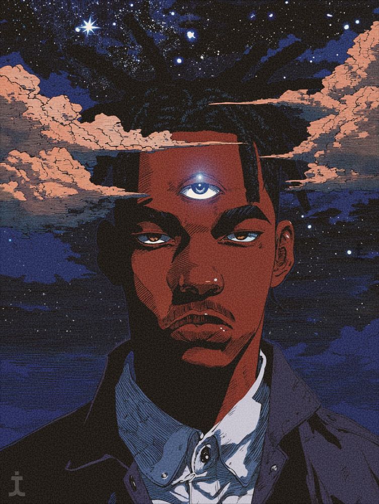 Digital illustration (via Midjourney v7) of a Black man with a glowing third eye centered on his forehead, standing under a star-filled sky with clouds merging into his aura, representing inner vision, awakening, and cosmic awareness.