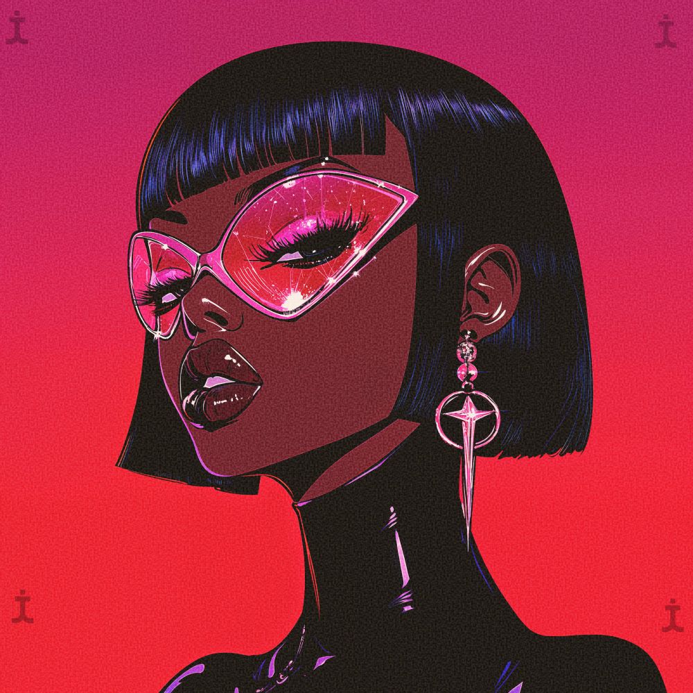 Digital illustration (via Midjourney) of a futuristic Black woman with a sharp bob haircut, wearing oversized, cosmic-inspired sunglasses that reflect a galaxy of stars. Her sleek, high-fashion black outfit complements her bold, confident expression, while the deep pink-to-red gradient background enhances the vibrant cyberpunk aesthetic. The artwork merges elements of sci-fi fashion and Afrofuturism, symbolizing power, mystery, and celestial vision.