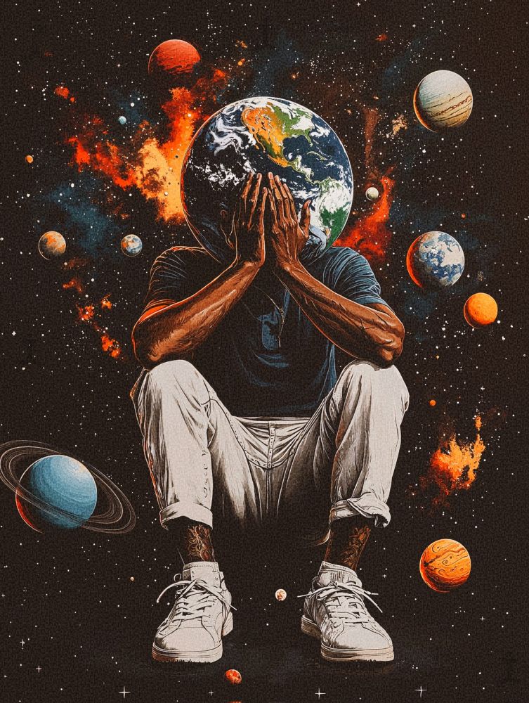 Digital illustration (via Midjourney) of a man sitting in outer space with his head replaced by the Earth, hands covering his face in a pose of overwhelm or introspection. Surrounded by planets and galaxies, the image visualizes the emotional weight of carrying the world, symbolizing anxiety, pressure, and cosmic isolation.