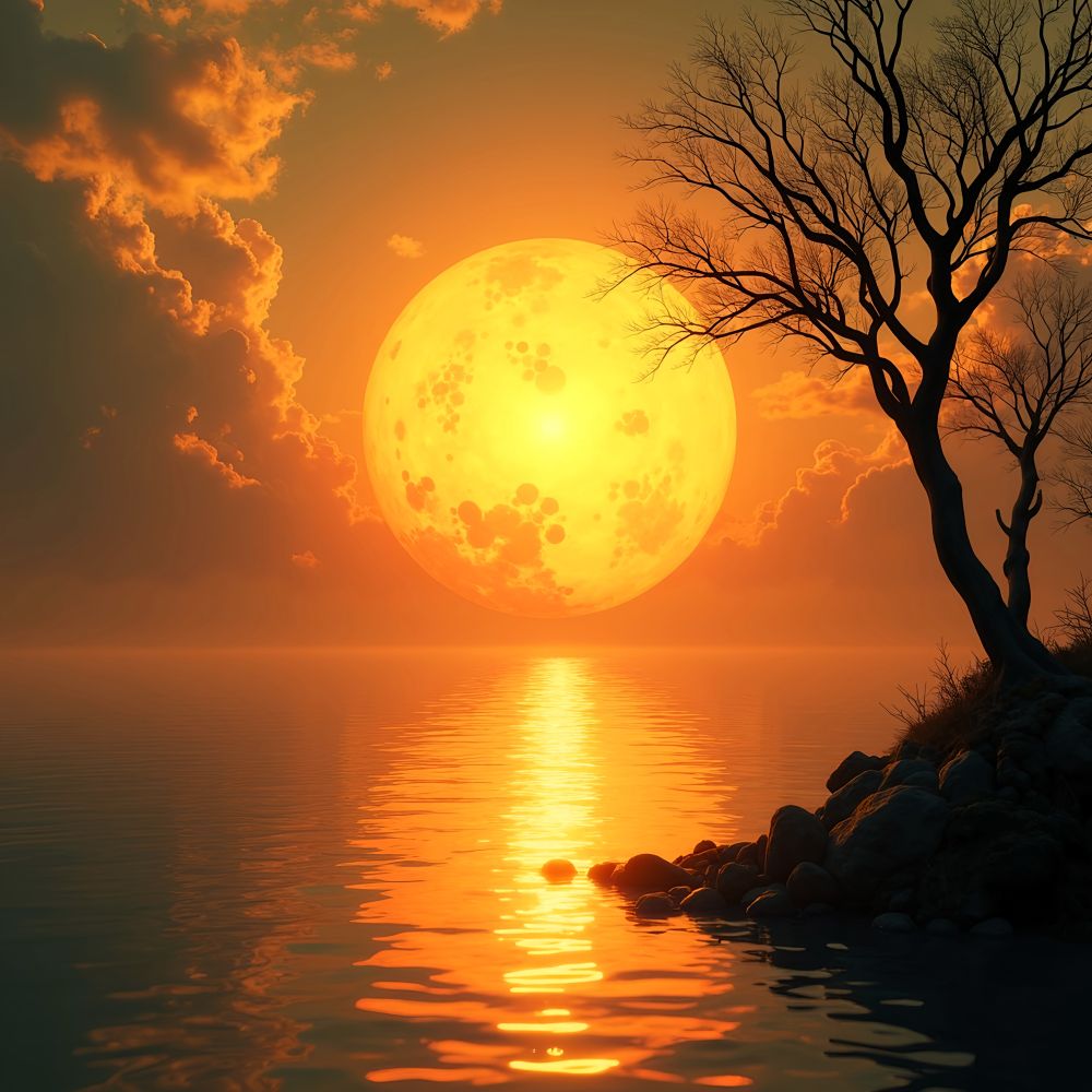 A digitally created surrealist artwork depicting a fantastical scene. The central focus is a huge, bright sun located very close to the planet from which the image was taken. The sun's surface, dotted with sunspots and bathed in a warm, orange-yellow hue, casts a bright, reflective light upon the tranquil waters. The sky surrounding the sun is a vibrant mix of colors, including oranges, yellows, and reds, with swirling, cloud-like patterns that accentuate its dreamlike quality. In the foreground, to the right, two trees with dark, twisted branches and sparse leaves add depth and frame the scene. The still water appears to boil and reflects the sunlight, creating a shimmering trail on its surface. The overall texture of the image is smooth, with a combination of subtle and sharp contrasts that enhance the surreal and fantastical elements. The work merges realistic and fantastical styles, creating a hypnotic and otherworldly scene.