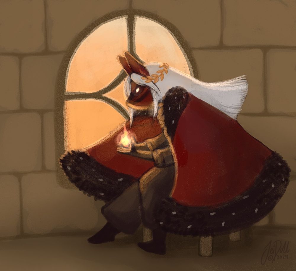 An illustration about a character holding a flame on their hands. They have a red cape with black fur details, and dark outfit underneath. Their hair is white and long, and being light up by a window behind them. On their face they are wearing a red mask with an animal snout and animal ears. Their eyes are glowing white inside of the mask. 