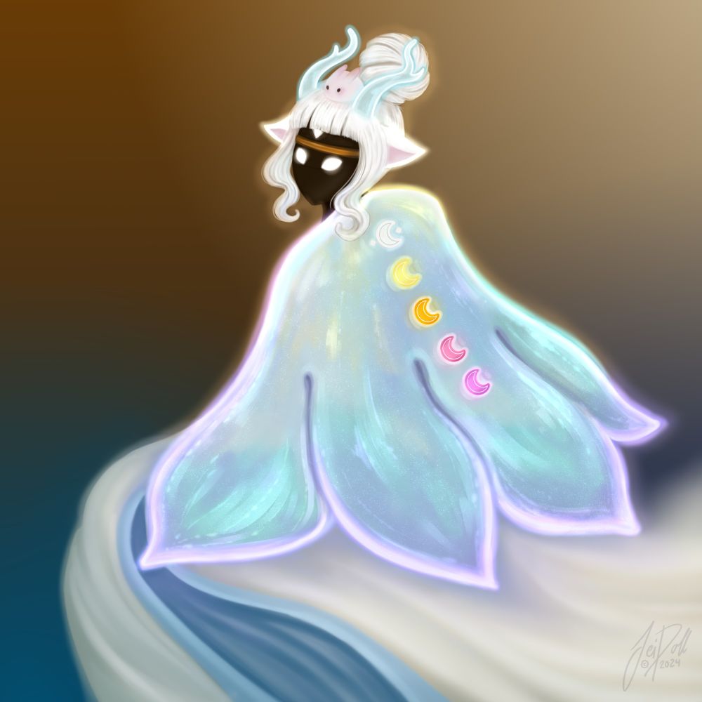 A magical looking feminine figure, with glowing eyes and jewel on their dark mask. She has almost glass like antlers, and her white hair is on a top knot. She has white deer-like-ears behind her front hair pieces, that curl towards her face, as well as short cut bangs. Her magical looking multi-colored cape is in the shape of a bellflower, with colorful moon-symbols on the back. Her dress flows from under the cape and then fades into the background, almost turning into a fine mist. She has a little faintly pink bunny creature on the top of her head, right between the antlers. 