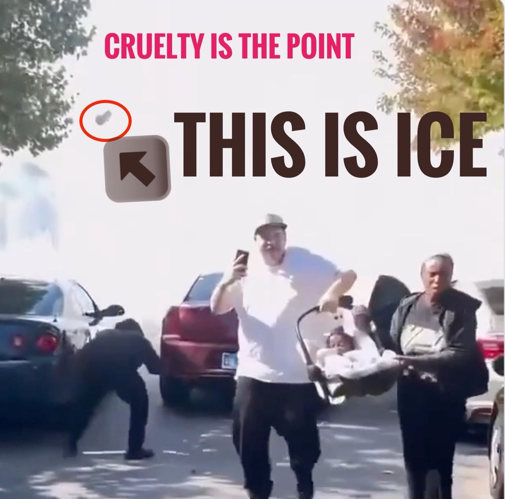 Copy of original screenshot.
At the Chicago ICE protest, the image is of ICE gassing protesters & there is a line of cars in a cloud, & in the foreground where a couple running away holding a baby carrier. In the upper left you can see a tear gas canister purposely thrown in the direction of the couple & the protesters around them (it’s circled in red)

I have added text in the white area above:
THIS IS ICE (with an arrow emoji pointing at the canister); above that in red CRUELTY ISTHE POINT