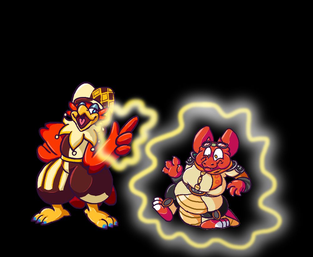 Millo (Phoenix) dressed up as a Jester with Anri (Kobold) to his side. 
Millo has one wing out, pointing upwards with a magic glow around his hand. He is looking down at the kobold while he laughs, knowing what is going to happen.
Anri seems to be blowing up, belly exposed from under her shirt. Her body is looking plump, while the same magic glow surrounds her whole.
