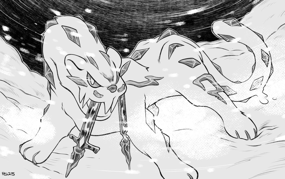 the pokemon Chien Pao, standing in a snowstorm and yowling menacingly