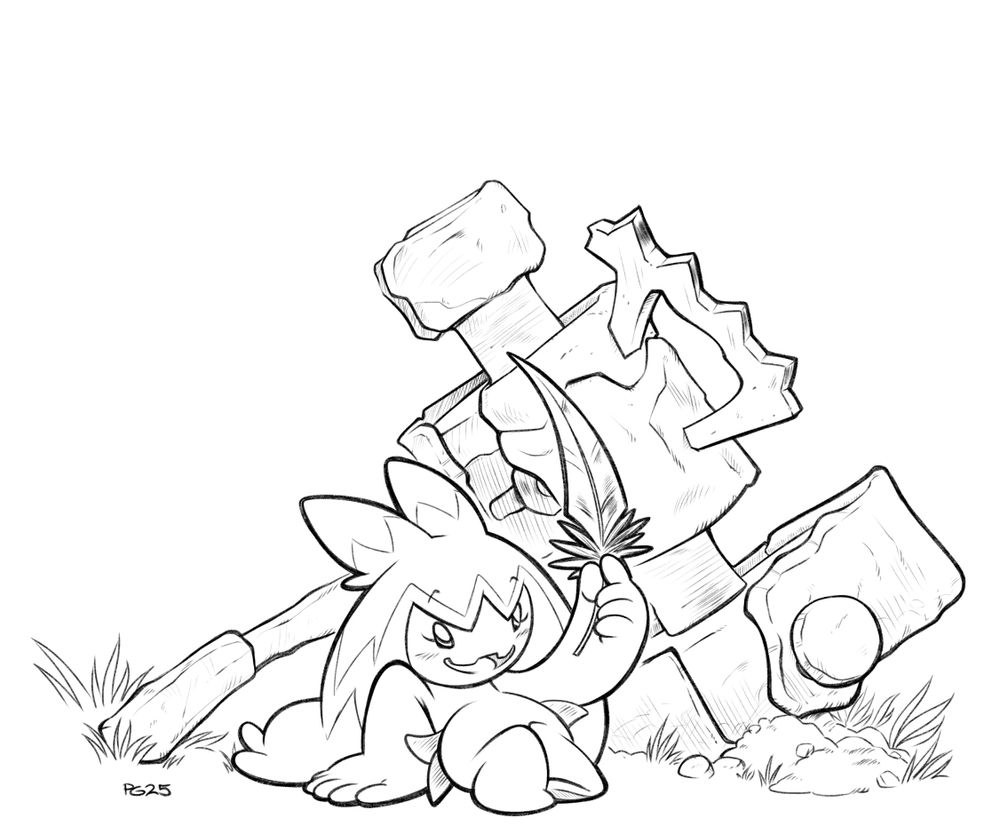 the pokemon tinkaton sitting in front of a hammer she has embedded in the ground. she is holding a corviknight feather and admiring it while sitting on the ground, relaxing.