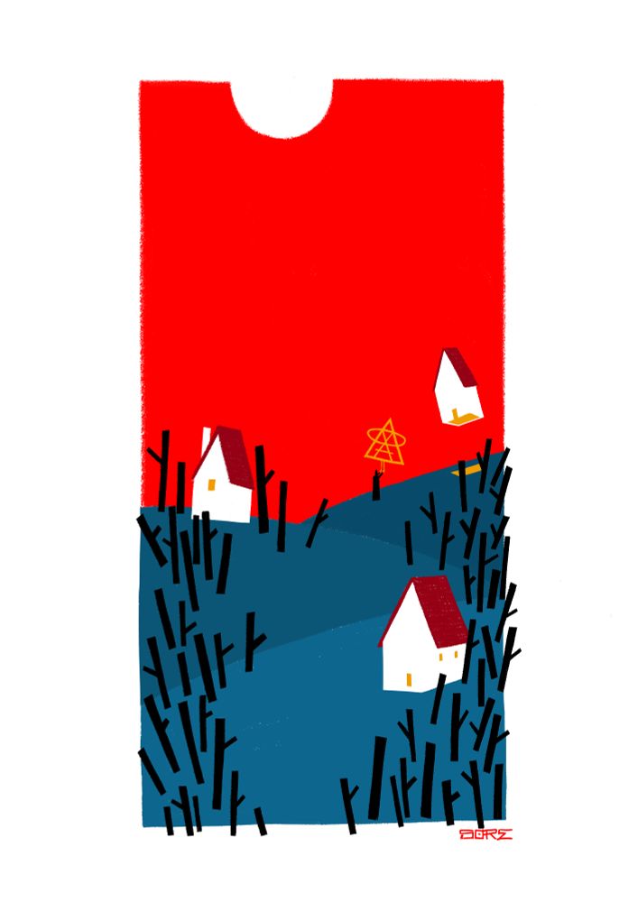 A small village in the mountains, surrounded by dark forest. A house is being lifted into the crimson sky by the majicks of a hooded figure.