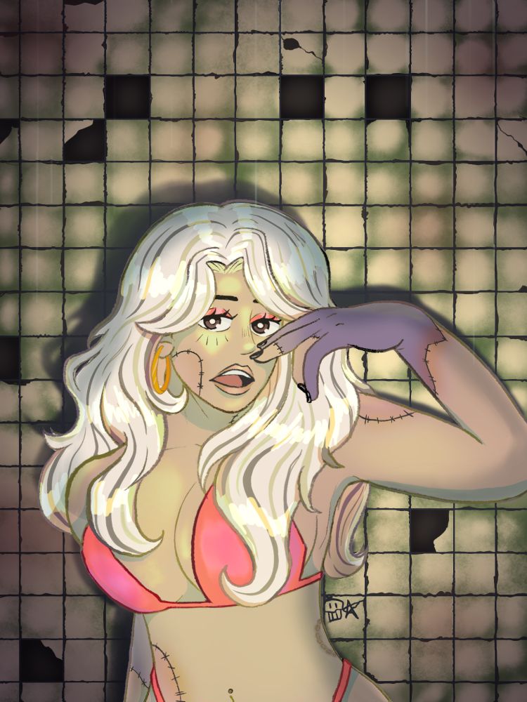 a drawing of crow's (crimbloblin's) oc, babs! she's a zombie character with various patches of different skin stitched onto her face, arm, hand, stomach, and arm. She also has a bite mark on her hip and a belly button piercing. She has big, long, blonde hair with various highlights and lowlights in it. She is also wearing a big golden hoop earing. she is posed with her left hand up in the air by her face with her mouth open, her head tilted slightly to the right of the drawing. she is in a hot pink bikini and has matching makeup on her face. the background is a moldy bathroom/subway tile with some of the tiles having chunks missing. there's also some water dripping from the ceiling, very faintly.