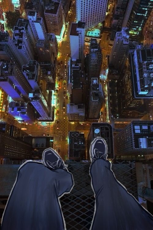 A drawing over a picture of a large city at night. The drawing is of a person's legs and shoes from a top down perspective. The person is wearing jeans and blue tennis shoes
