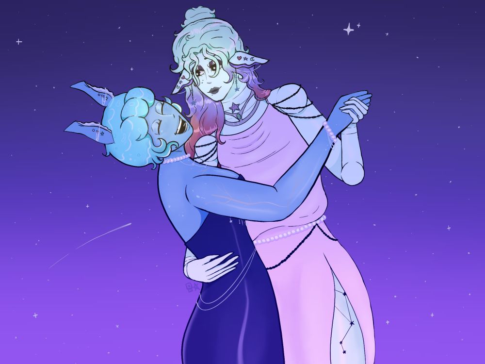 a drawing of two characters dancing. The one that's closer to the camera is jellysorbet's character sona, vixen! she has curly, shorter blue hair that looks like its made of water, long ears with earrings coming out of them, a pear necklace, a pearl bracelet, a blue dress, and jewelry string thingys coming off of her dress, around her waistline. there are also similar jewelry things just under her arm, under her chest. her skin is a light blue with various white freckles and gray lightning/tree branch shapes along it. her head is tilted back towards the camera so you can see her face. her eyes are closed and her mouth is open in a laugh.

the other character is zion by paintdrinker4000! he's taller than vixen, looking at her with a soft expression. he has long hair that goes from light blue, to purple, to a pinkish red. he has a few star freckles over his face and dark eyeshadow and lipstick. he also has matching earrings with vixen! on his throat is a star shaped jewel. right underneath is a silver necklace with a green jewel on it. he also has beads and pearls along his shoulders and around his waist. he seems to be wearing a pink dress that's loose up top and tighter around the bottom. zion's skin is a pale blue has well. he seems to have doll joins and very long fingers. his thigh has a constellation on it in black where the pink dress has a leg slit.

vixen and zion are holding hands to the right of the drawing. zion's right hand is supporting vixen's back. 

the background is a purple gradient thats dark at the top and lighter at the bottom. various white stars scatter the night sky.