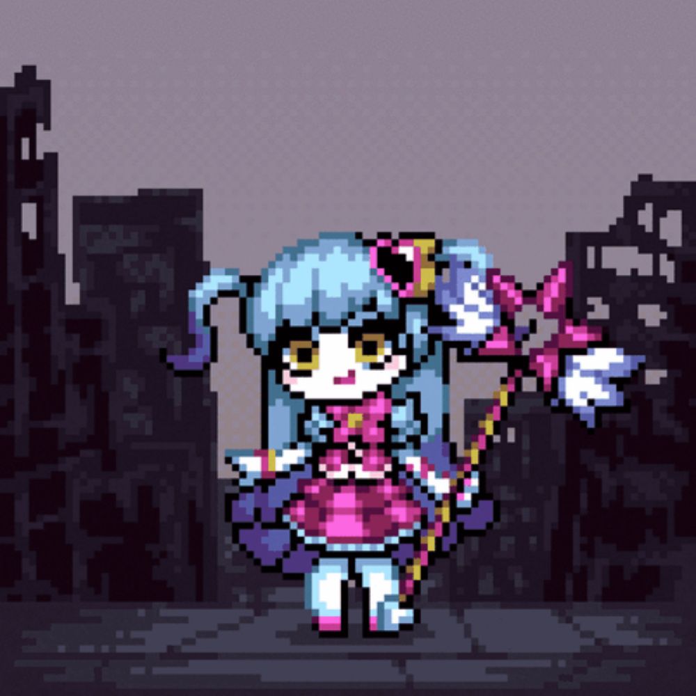 a pixel art of a girl in a pink dress holding a wand