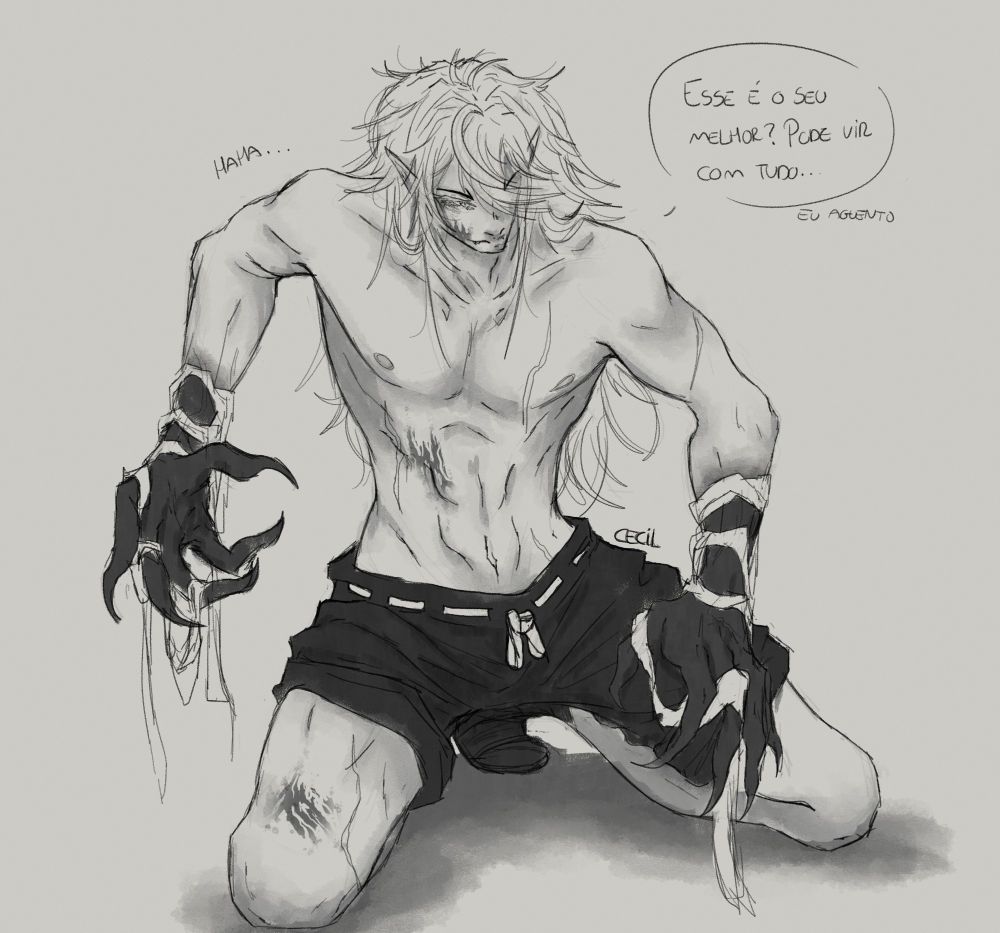 Personagem original Zi'Yan de joelhos, em uma pose de luta, com um balão de fala dizendo: Esse é o seu melhor? Pode vir com tudo... Eu aguento.