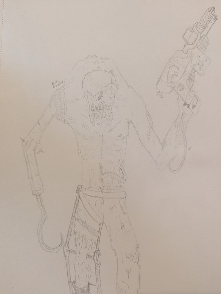 A hook armed monster with surgery stitches and over it's malformed body, welding a firearm with a canister containing the foetus of an unknown creature.