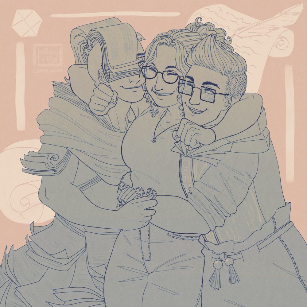 Commission for @pashell0cked, a digital halfbody art piece of three characters: Lyric, Mouse and Chance. Lyric and Chance are both from the game Date Everything while Mouse is her OC.

Lyric (left) is the personification of literature. His wiki description says: "Lyric is a man with dark eyes, tan skin, and glasses that have frames resembling books. Atop of his head is an opened book with a red and yellow bookmark in it, made to represent hair, specifically resembling long bangs and a ponytail. He has a floating scroll that wraps around him, and a scarf resembling a scroll as well. He wears a red jacket resembling a book with the collar up, the inside resembling newspapers. He floats in the air with a skirt made of papers, resembling a genie tail. Finally, Lyric has at least 5 tattoos: a quill and a bookworm on his left arm, two quills on his abdomen, and a bookmark on his right arm."

Mouse is a woman with long curly hair up in a ponytail, with two strands framing her face. She wears glasses, a tank top, a pair of jeans and a necklace. She has a tattoo on her left wrist resembling a bracelet.

Chance (right) is the personification of a D20. His wiki description says: "Chance is a person with red eyes, red lensed and gold rimmed glasses, and brown hair. Occasionally cloaked in a TTRPG map with figures adorned. The underside of the cape at the neck is character sheets. When the cloak is removed, a shirt with a drawn map on grid paper is visible. The hood of the shirt is a D20 and the neck piece of the same shirt is another D20. On the right wrist is an assortment of many dice used in TTRPGs as bracelets, and the underside of the wrist is a tattoo of a dragon with at its horns another D20. The left wrist has a multicolored gem bracelet. The chest piece is a red rules book for G&G and the pants are a black pair of shorts resembling a drawstring bag, covered in golden swords, shields, and dragons. The shoes are red and black with gold accents."