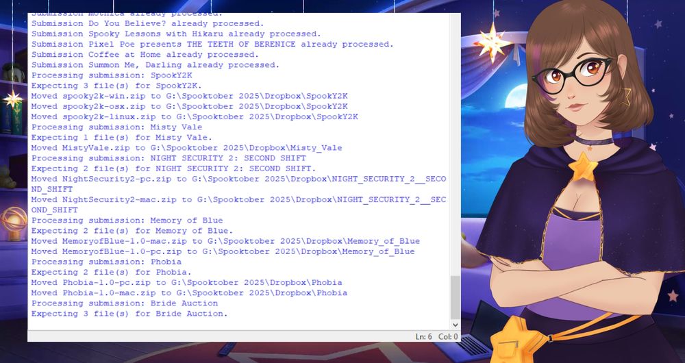 Stella during a live stream showing a lengthy output of a python script containing names of the entries to the Spooktober 2025 VN Jam
