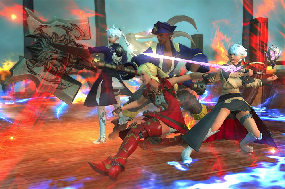 Alphinaud, Lyse, Carvallain, and Alisaie in battle-ready stances on the deck of the Misery. Red and blue spell effects swirl around them.