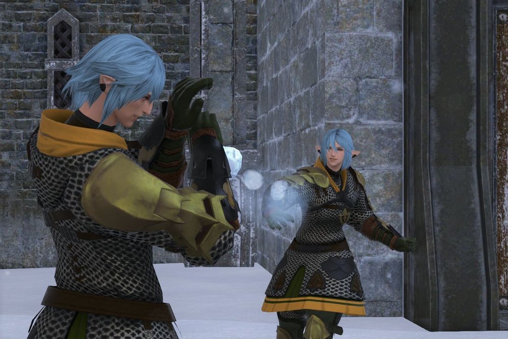 Haurchefant and Auvrienne enjoying the snow at Camp Dragonhead. Haurchefant holds up his arms to block a snowball from Auvrienne, Haurchefant leaning away and laughing and Auvrienne grinning.