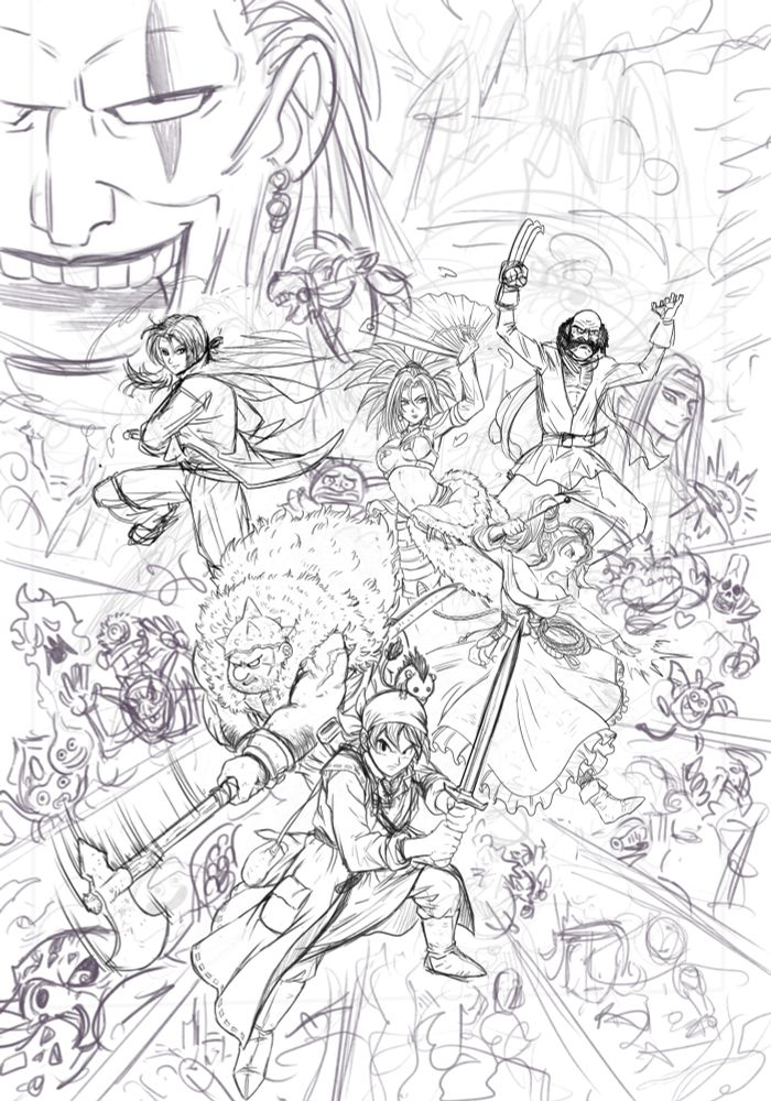Dragon Quest VIII work in progress pencil sketch drawn by Takkun showcasing the entire game including the whole party as well as every enemy in the game 