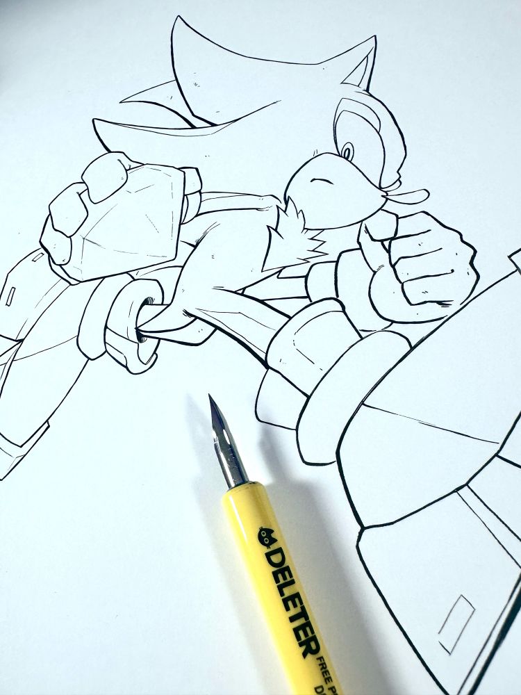 Work in Progress ink of Sonic Adventure 2 collage painting, Shadow the Hedgehog with a Chaos Emerald 