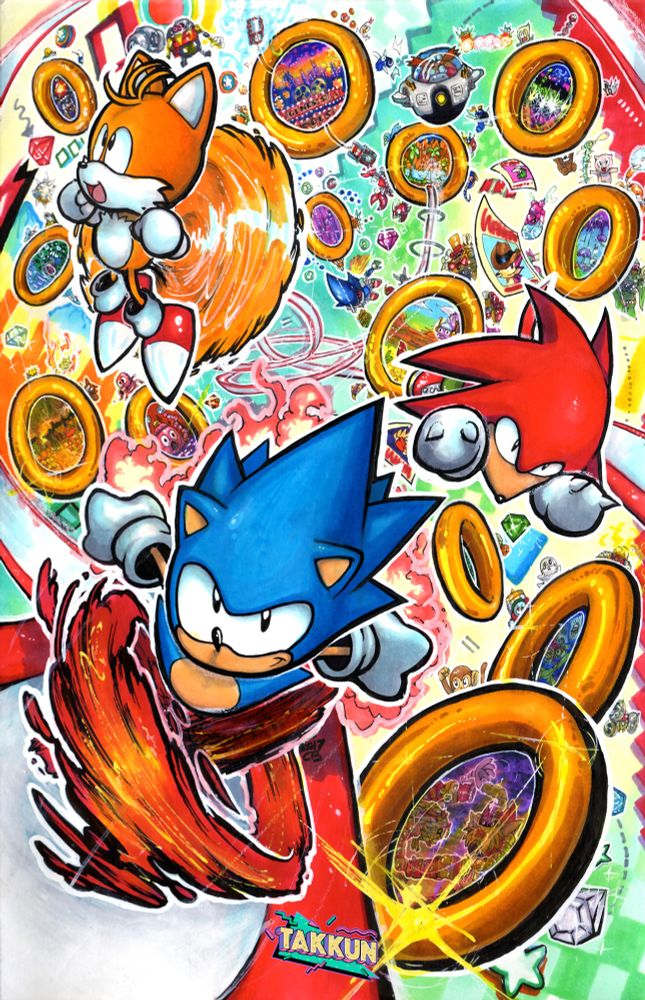 Sonic the Hedgehog, Miles Tails Prower, and Knuckles the Echidna from Sonic Mania dashing across space and time to each Zone from the Sega games while Dr. Robotnik "Eggman" and Metal Sonic chase them