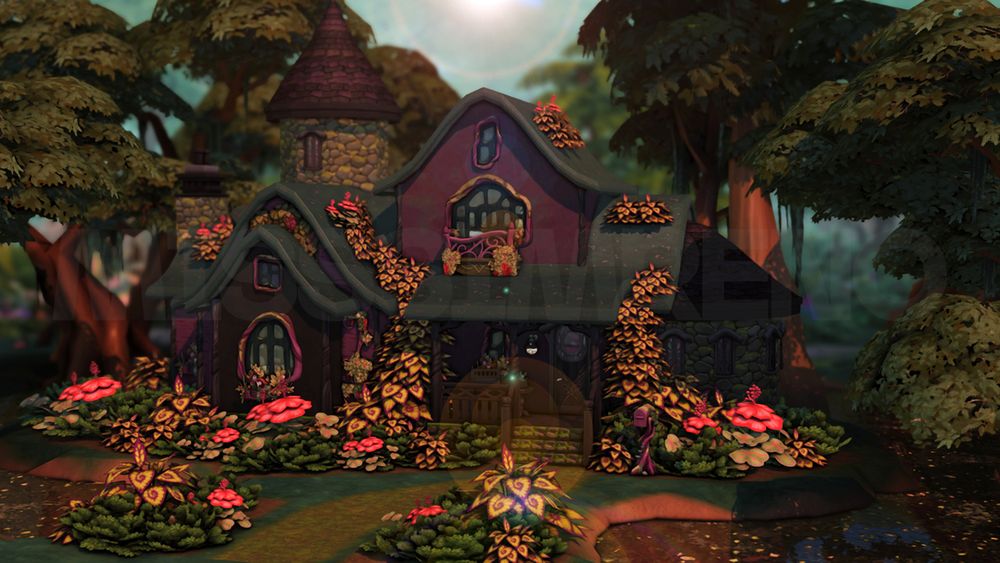 A whimsical house or purple and black, surrounded by a mossy swamp in The Sims 4