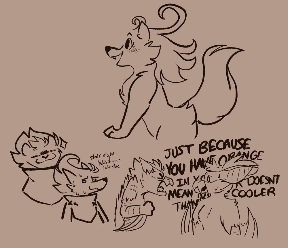 doodles of my oc Korize, Fleet being schemed on by Clairen, and my nargacuga ocs Asha and Dusk having a very normal conflict