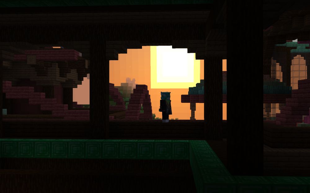Photo showing the buildings at spawn with a cinematic look and a sun in the background