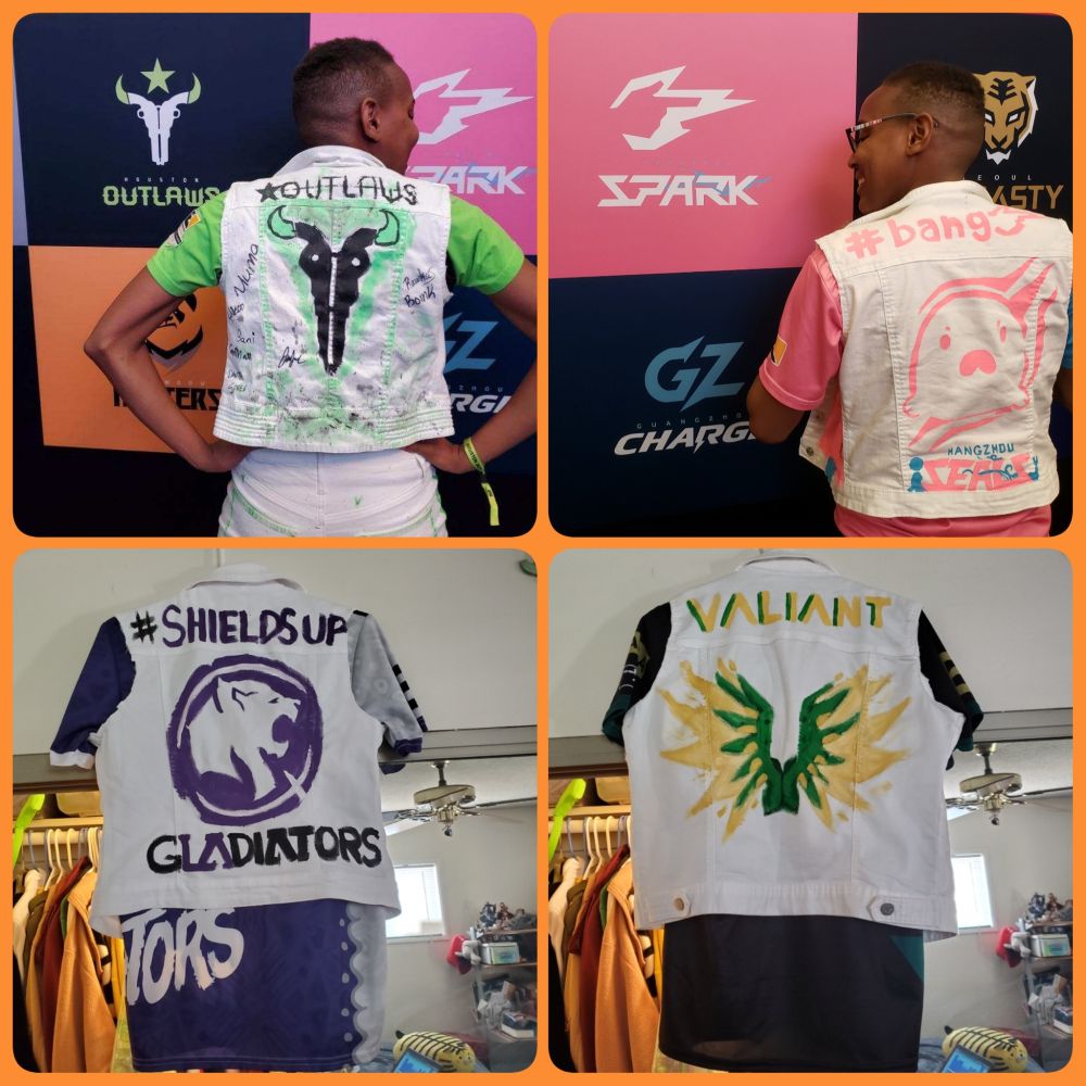 A photo collage of all the team vests I hand painted for the Overwatch League matches I attended. Top left are the Houston Outlaws, the top right is the Hangzhou Spark, the Bottom left are the LA Gladiators, and the bottom right are the LA Valiant 