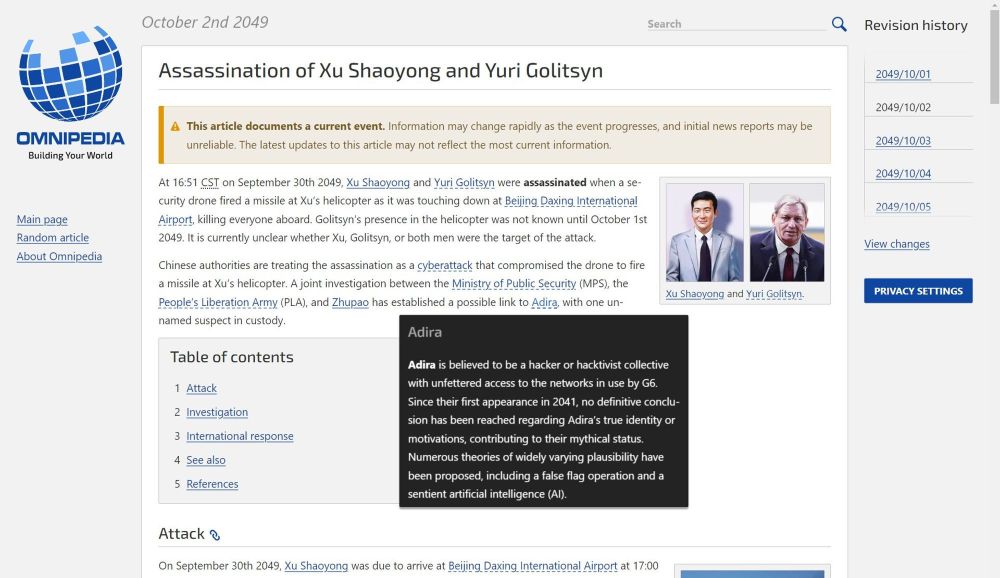 An Omnipedia article on October 2nd 2049, detailing the high-profile assassination of two public figures. One of the hyperlinks has been expanded to show that the culprit may be a hacker known as Adira