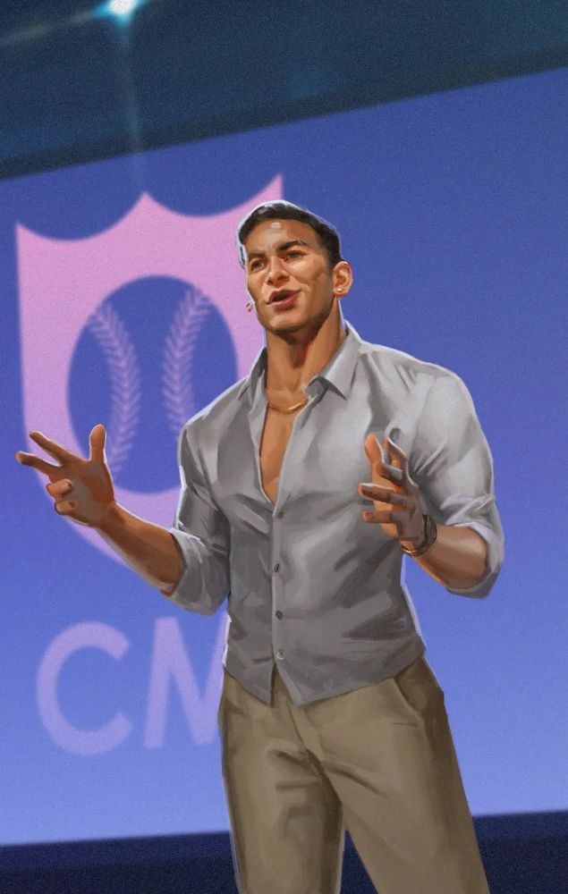 Artist illustration of fictional Baseball Extra player Charlemagne Cabrera discussing his business ventures at an event. 