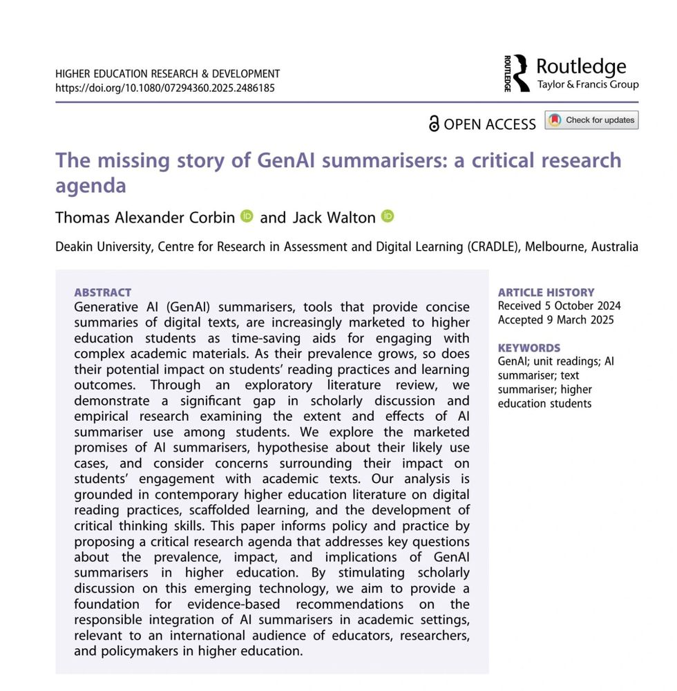 ABSTRACT
Generative AI (GenAI) summarisers, tools that provide concise summaries of digital texts, are increasingly marketed to higher education students as time-saving aids for engaging with complex academic materials. As their prevalence grows, so does their potential impact on students’ reading practices and learning outcomes. Through an exploratory literature review, we demonstrate a significant gap in scholarly discussion and empirical research examining the extent and effects of AI summariser use among students. We explore the marketed promises of AI summarisers, hypothesise about their likely use cases, and consider concerns surrounding their impact on students’ engagement with academic texts. Our analysis is grounded in contemporary higher education literature on digital reading practices, scaffolded learning, and the development of critical thinking skills. This paper informs policy and practice by proposing a critical research agenda that addresses key questions about the prevalence, impact, and implications of GenAI summarisers in higher education. By stimulating scholarly discussion on this emerging technology, we aim to provide a foundation for evidence-based recommendations on the responsible integration of AI summarisers in academic settings, relevant to an international audience of educators, researchers, and policymakers in higher education.