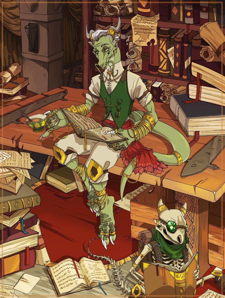Kobol Emmrich sitting on a desk, reading a book in a messy study with skeletal kobold Manfred on the floor.