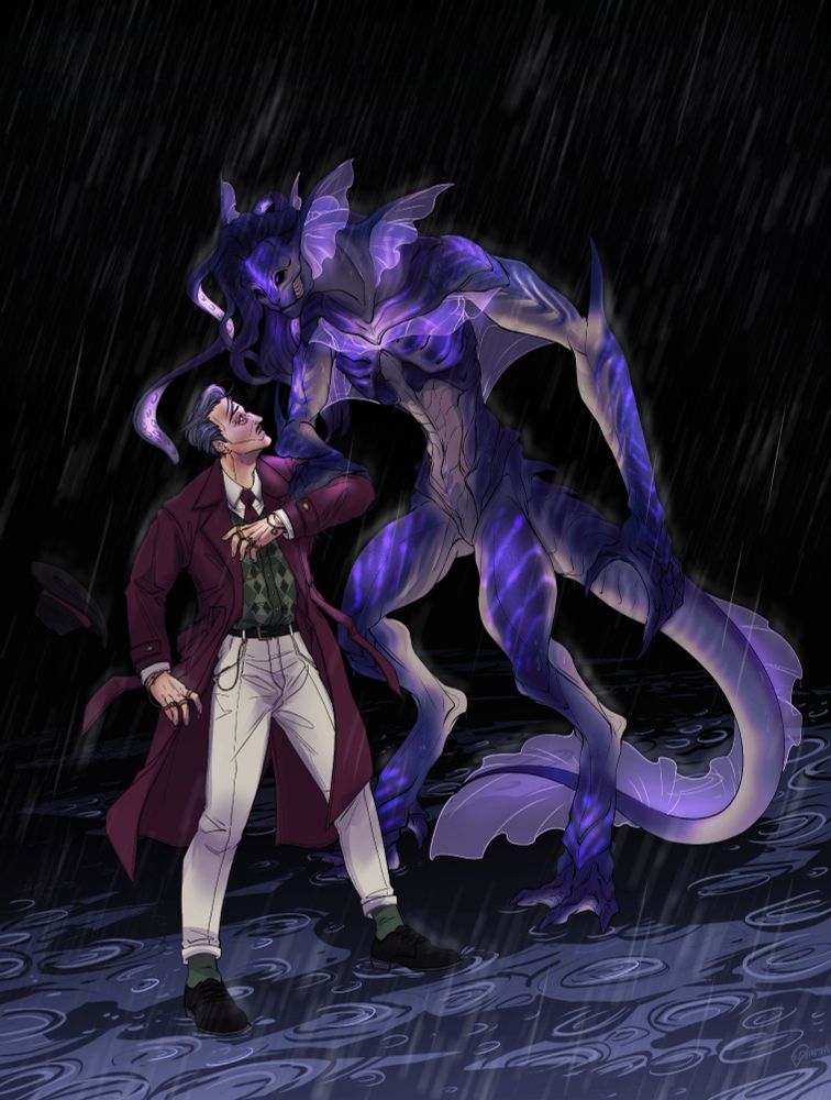 A dark stormy background. Emmrich, in 1950s clothing, being stunned by a fishperson. (Inspired by the movie "the shape of water" <3)